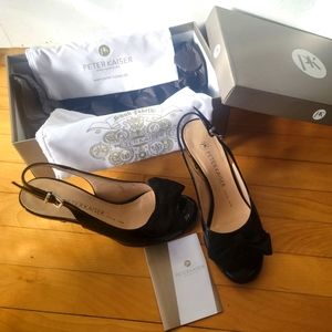 Black patent leather and suede sling peep toe mid heels with bow